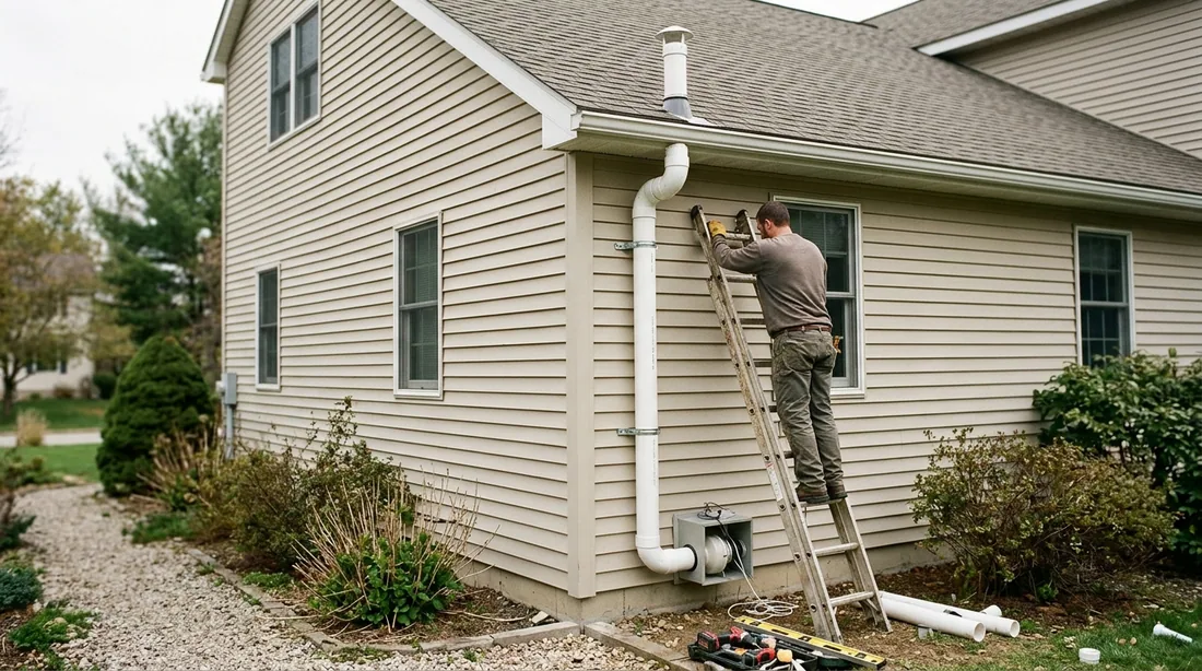 PVC runs from the suction point to the fan and out above the roofline — Rochester, MN