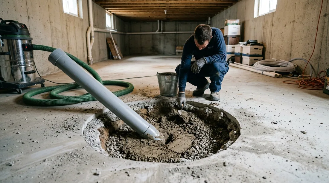 A hole is cut through the slab and material excavated beneath to create a collection pit — Rochester, MN
