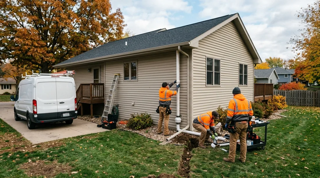 A small professional crew working on a radon job at a property, seen from behind and at a distance — Rochester, MN